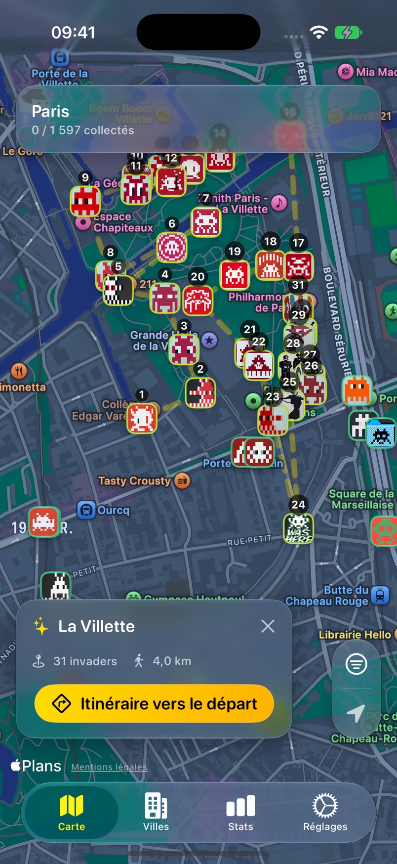 Map of the Invaders at La Villette in the InvaderHunter app